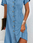New women's casual fashion cover simple fresh square collar button short sleeve high waist denim dress