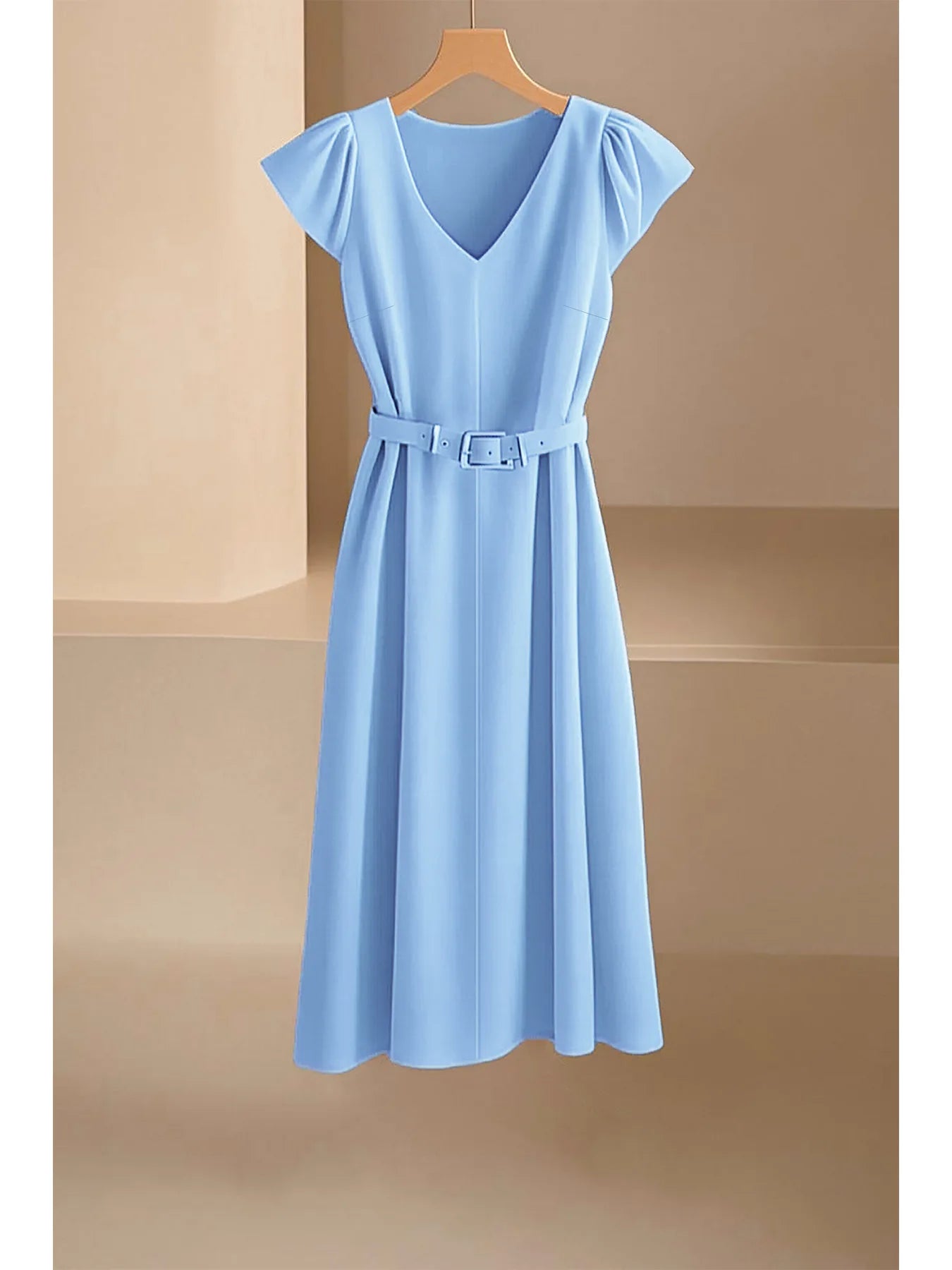 2024 Spring Summer Women's V-Neck Midi Dress Soft Stretch Office Casual Chic Solid Color No Belt Included