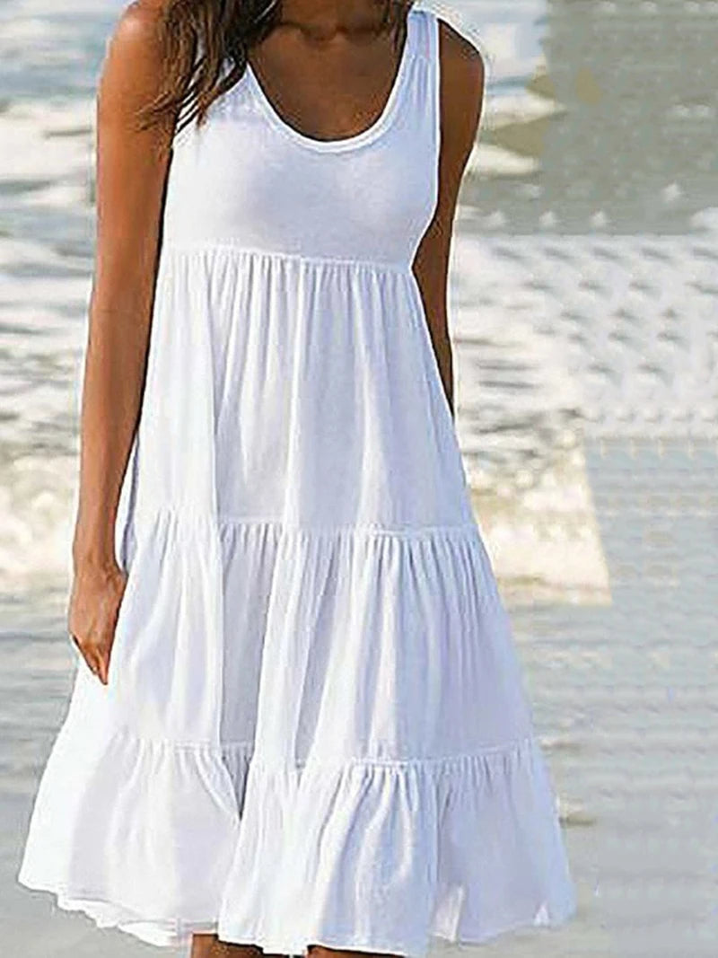 Women Causual O Neck Sleeveless Ruffles Mini Dress Boho Solid Beach Sundress Oversized Loose Dress 2023 Summer