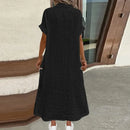 Women's Cotton Linen Short Sleeve Pocket Casual Shirtdress with V-Neck and Button Up Holiday Dresses