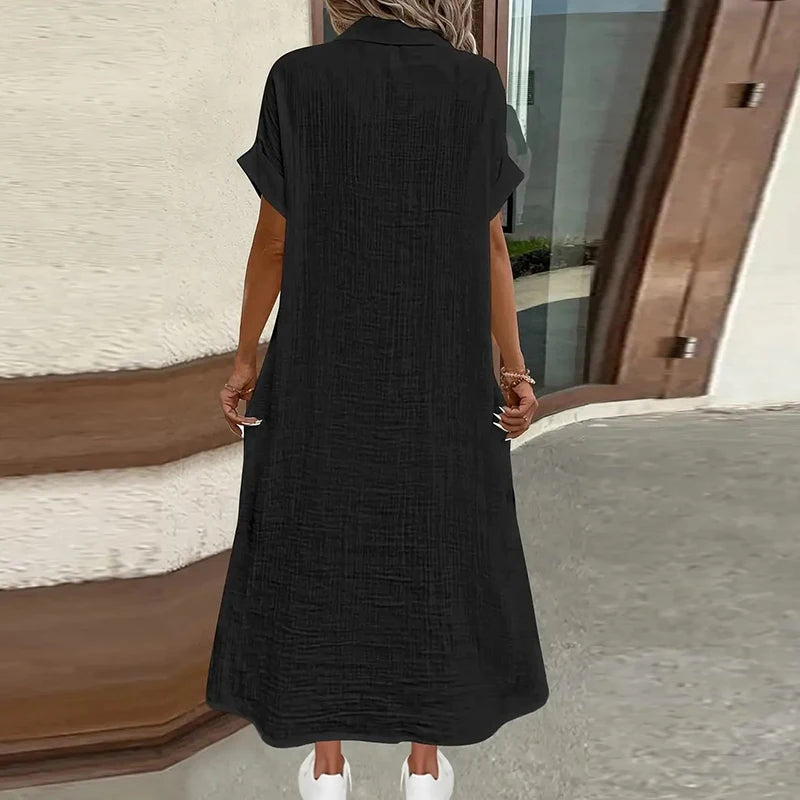Women's Cotton Linen Short Sleeve Pocket Casual Shirtdress with V-Neck and Button Up Holiday Dresses