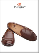 Piergitar 2023 Dark Brown Nappa Calfskin Double-Monk Belgian Loafers With Fringes And Metal Buckles Slip-On Men Smoking Slippers