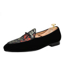 New Black Velvet Thread Dragon Print Satin Belgian Loafers for Men with Leather Tie Handcrafted Moccasin