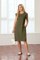 New Fashion And Multifunctional Temperament Round Neck Neck Sleeves Solid Color Summer Dress