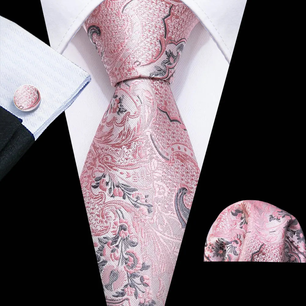 Peach Pink Wedding Ties For Men Exquisite Paisley Silk Pocket Square Cufflink Sets Fashion Woven Suit Necktie Groom Barry.Wang