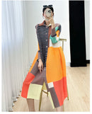 Miyake Women's Color Matching Dress, Autumn and Winter New Fashion Print Pleats, Medium Length, Loose Length Skirt