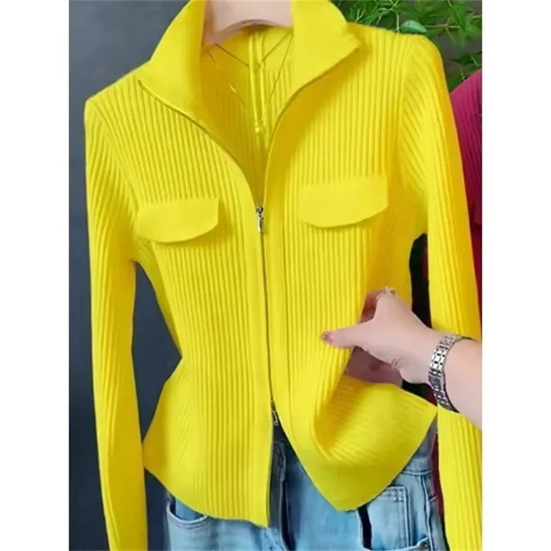 Spring Autumn Women Knitted Sweater Cardigan Short Jacket 2025 New Korean Fashion Zipper Solid Turn-Down Knit Coat Female Tops