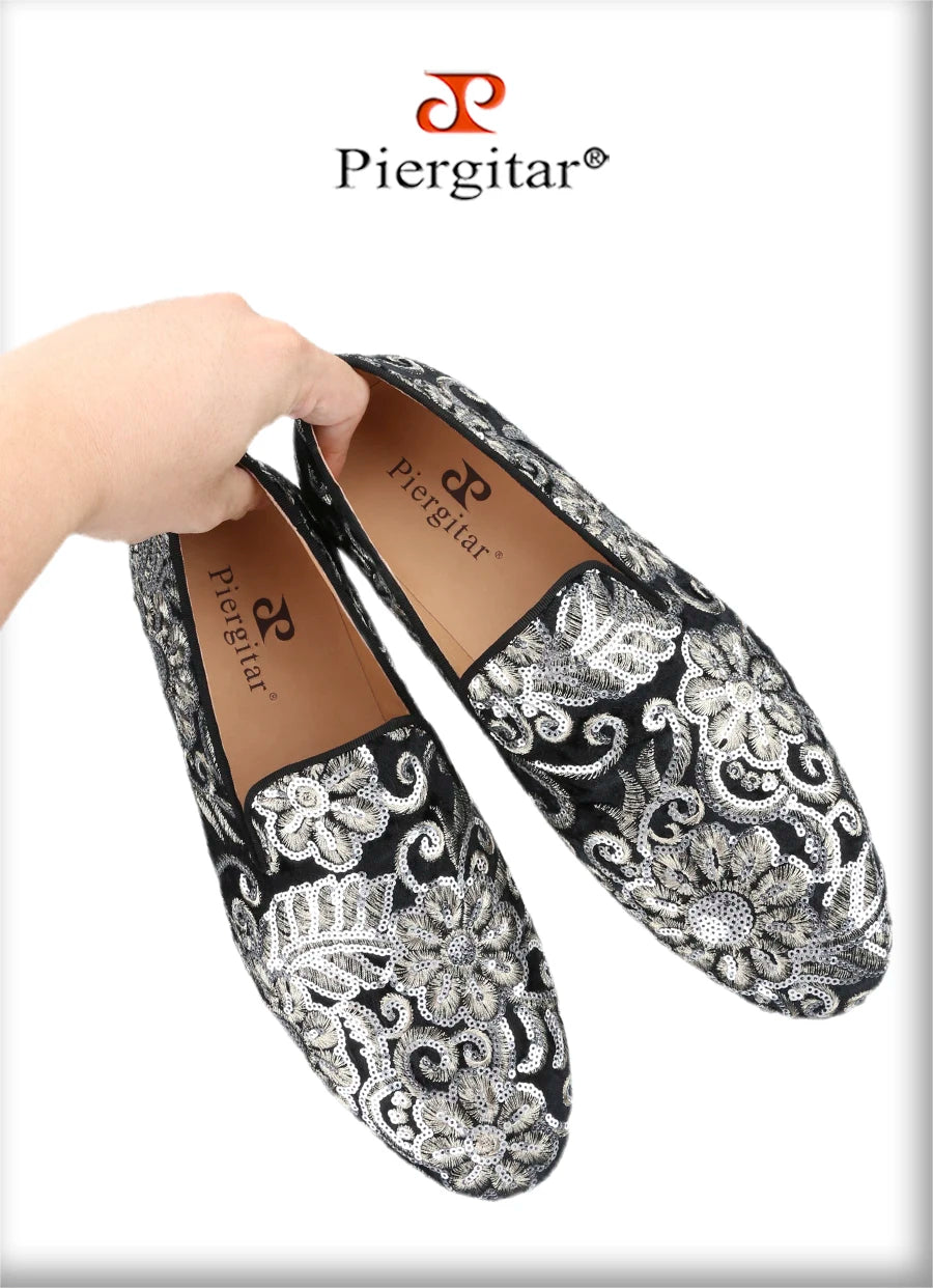 Piergitar Handmade Paisley Pattern Bling Men Velvet Shoes For Party And Wedding Superglamourous Brand Same Model Slip-On Loafers