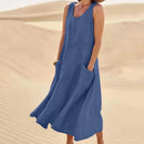 Women Linen Sundress Summer Female Sleeveless Double Big Pocket Loose Sand Beachwear Long Dress Oversized