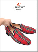 Piergitar 2023 New Red And Green Classic Scottish Plaid Men's Loafers For Party Handmade Slip-On Moccasins Leather Insole
