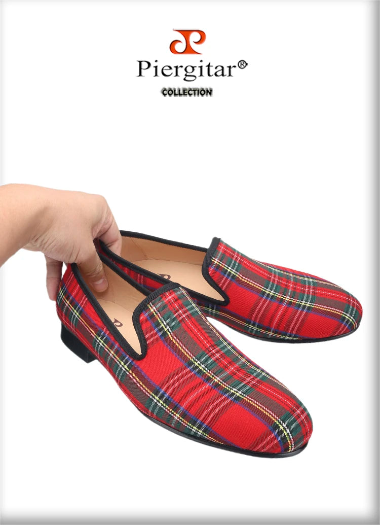 Piergitar 2023 New Red And Green Classic Scottish Plaid Men's Loafers For Party Handmade Slip-On Moccasins Leather Insole