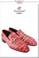 Piergitar Classic Model Gold Horsebits Men's Loafers Red And Light Green Crocodile Pattern Calfskin Handmade Slip-On Slippers