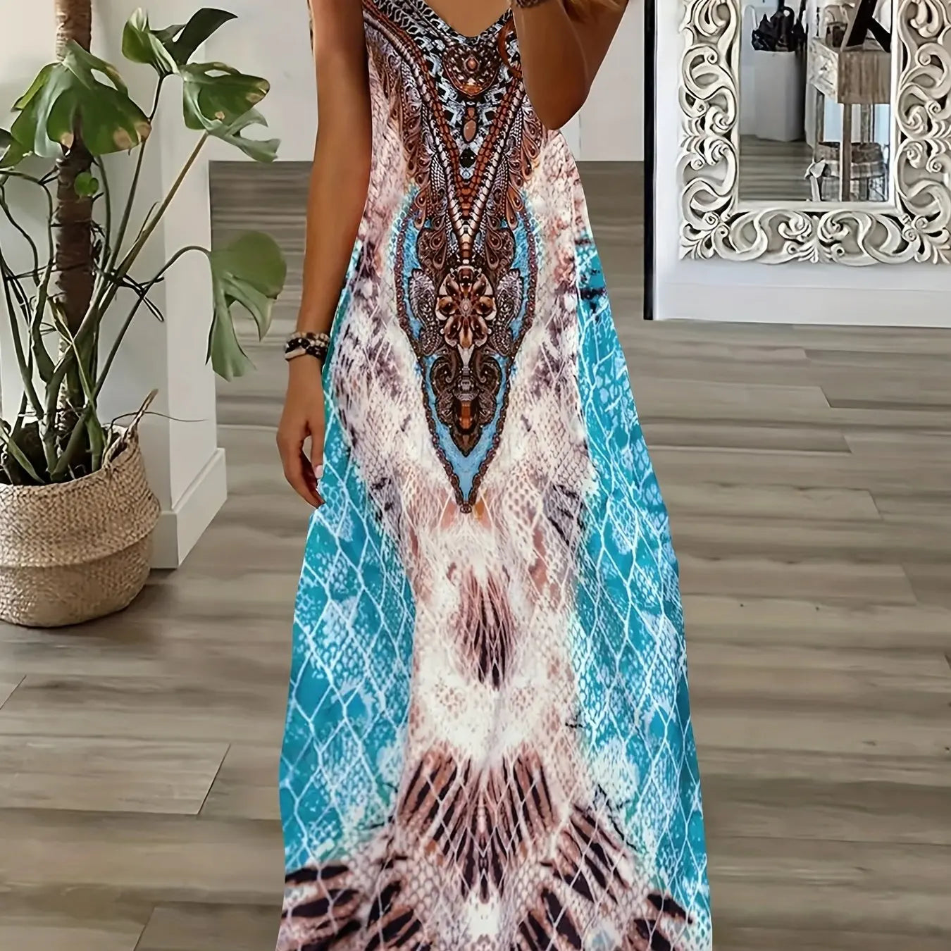 Blue Tribal Pattern Print Beach Vacation Casual Suspender Dress Fashionable Casual Sleeveless Loose Suspender Ankle Length Dress