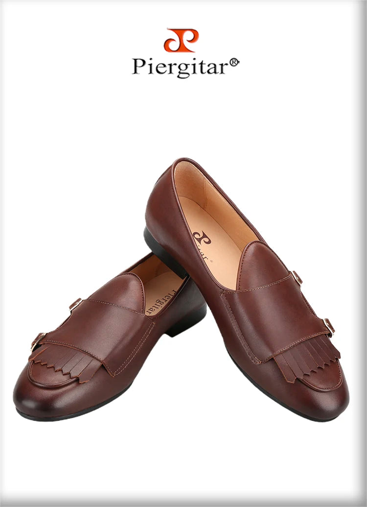 Piergitar 2023 Dark Brown Nappa Calfskin Double-Monk Belgian Loafers With Fringes And Metal Buckles Slip-On Men Smoking Slippers