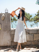 White Bow Jacquard Sundress Women Sweet Summer A-Line Dress with Tie Straps Petite Fit Flowy Midi Dress Cute Vacation Daily Wear