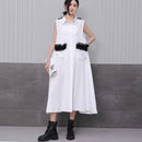 Front Pocket New 2025 Summer Korean Style Woman Black Sleeveless Shirt Dress Loose Fit Chic Holiday Casual Big Size Robe JKXD003