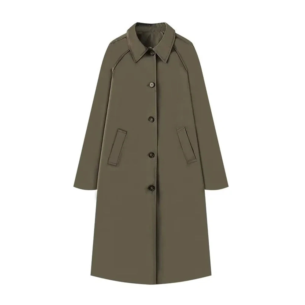 TRAF Women's Fashion Long Trench Coat Retro Loose Single-breasted Coat Autumn and Winter Lapel High Street Temperament Coat