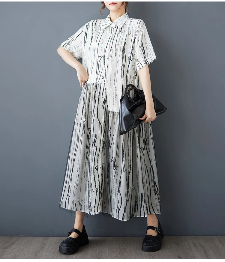 Stripe Print Mid Length Buttoned Midi Dress