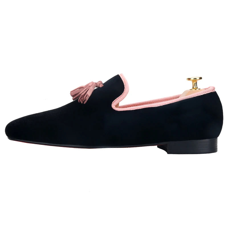 Piergitar 2023 Classic Black Velvet Slip-On Slippers Shoes Handmade Pink Suede Men's Loafers For Party And Wedding Plus Size
