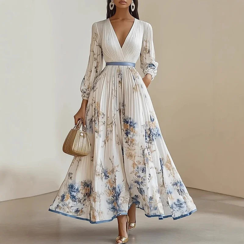 Spring Sexy Ladies Deep V Long Sleeved Swing Dress Vintage Bohemian Commuter Maxi Dress Flower Print Waist Pleated Holiday Dress