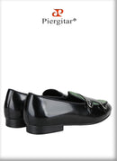 Piergitar Black Polished Leather Patchwork Green Crocodile Suede Men's Monk Shoes Handmade Slip-On Loafers For Wedding And Party