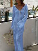 Sexy Women White Long Knit Sleeve Bikin Fashion Cover up Female See-Through Deep V-Neck Hollow-Out Beach Knitwear Backless Dress