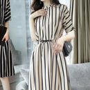 casual office lady dresses for women in a stripey short-sleeved midi dress