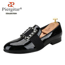 Piergitar Black And Silver Rhinestones Square Buckles Men Velvet Shoes For Wedding Or Party Handmade Slip-On Loafers Plus Size