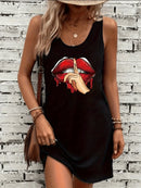 Women's Black Sleep Tank Dress Red Lips Women's Black Tank Top Dress Summer Sleeveless Loose and Comfortable Soft Vacation Punk