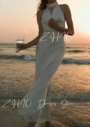 Backless Pearl Halter Ivory Satin Dress