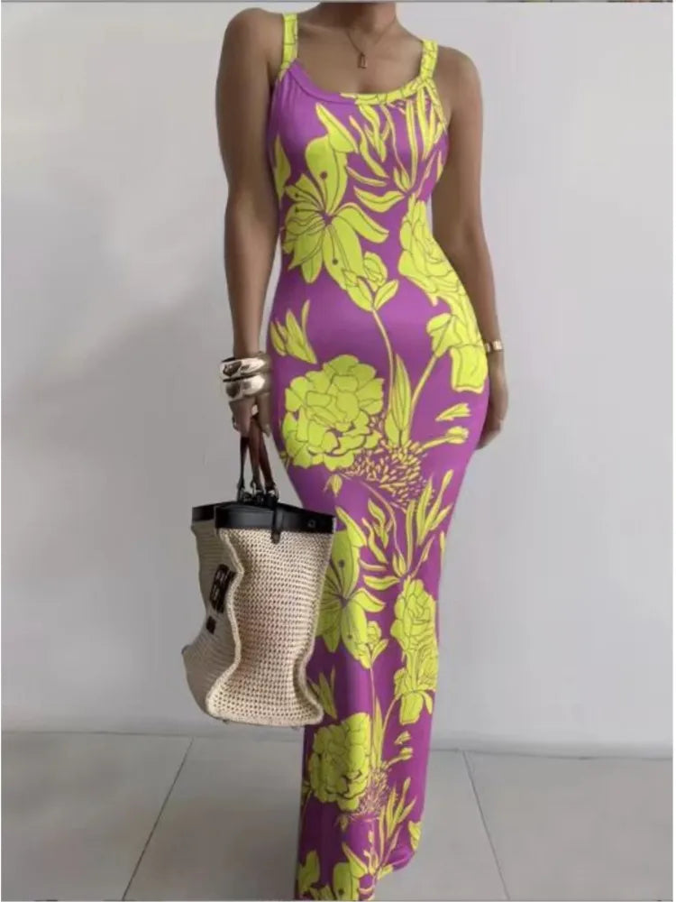 Gradient Printed Long Dress Summer New Women's Fashionable Printed Sexy Sleeveless Suspender Slim Fit Hip Hugging Long Dress