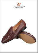 Piergitar 2023 Dark Brown Nappa Calfskin Double-Monk Belgian Loafers With Fringes And Metal Buckles Slip-On Men Smoking Slippers