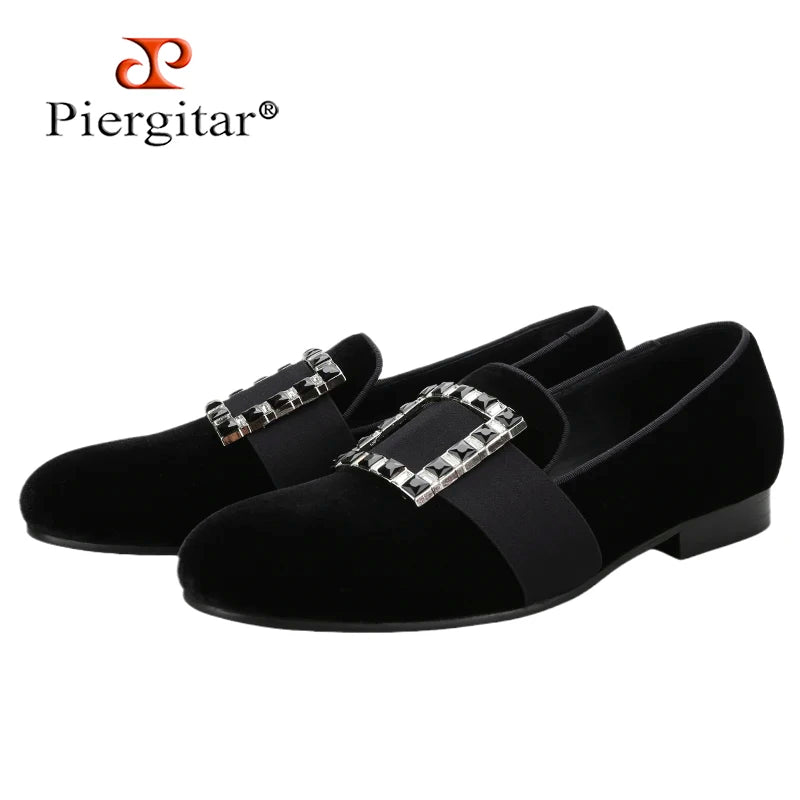 Piergitar Black And Silver Rhinestones Square Buckles Men Velvet Shoes For Wedding Or Party Handmade Slip-On Loafers Plus Size