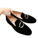 Piergitar Black Velvet Classic Men's Loafers For Fashion Party And Wedding Circle Metal Buckles Slip-On Flats Red Color Outsoles