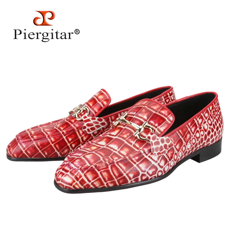 Piergitar Classic Model Gold Horsebits Men's Loafers Red And Light Green Crocodile Pattern Calfskin Handmade Slip-On Slippers