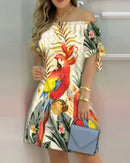 3XL Women's Casual Gradient Off Shoulder Short Sleeve Dress Bow Print Mini Dress