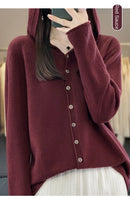 First Line 100% Merino Wool Knitted Cardigan Women's Autumn And Winter Hoodie Loose Sweater Fashionable Versatile Coat Top YC014