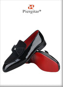 Piergitar Black Patent Leather Patchwork Velvet Men's Loafers Handmade Bow Tie Moccasins British Classic Style Smoking Slippers