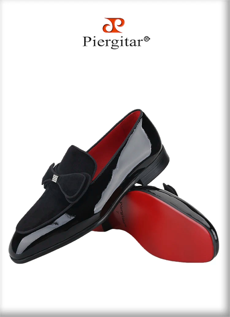 Piergitar Black Patent Leather Patchwork Velvet Men's Loafers Handmade Bow Tie Moccasins British Classic Style Smoking Slippers
