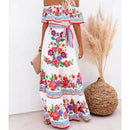 2024 Spring/Summer New Women Retro Fashion One Shoulder Red Flower Printed Waist Collection Long Style Large Swing Casual Dress