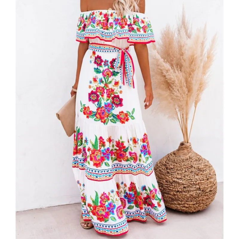 2024 Spring/Summer New Women Retro Fashion One Shoulder Red Flower Printed Waist Collection Long Style Large Swing Casual Dress