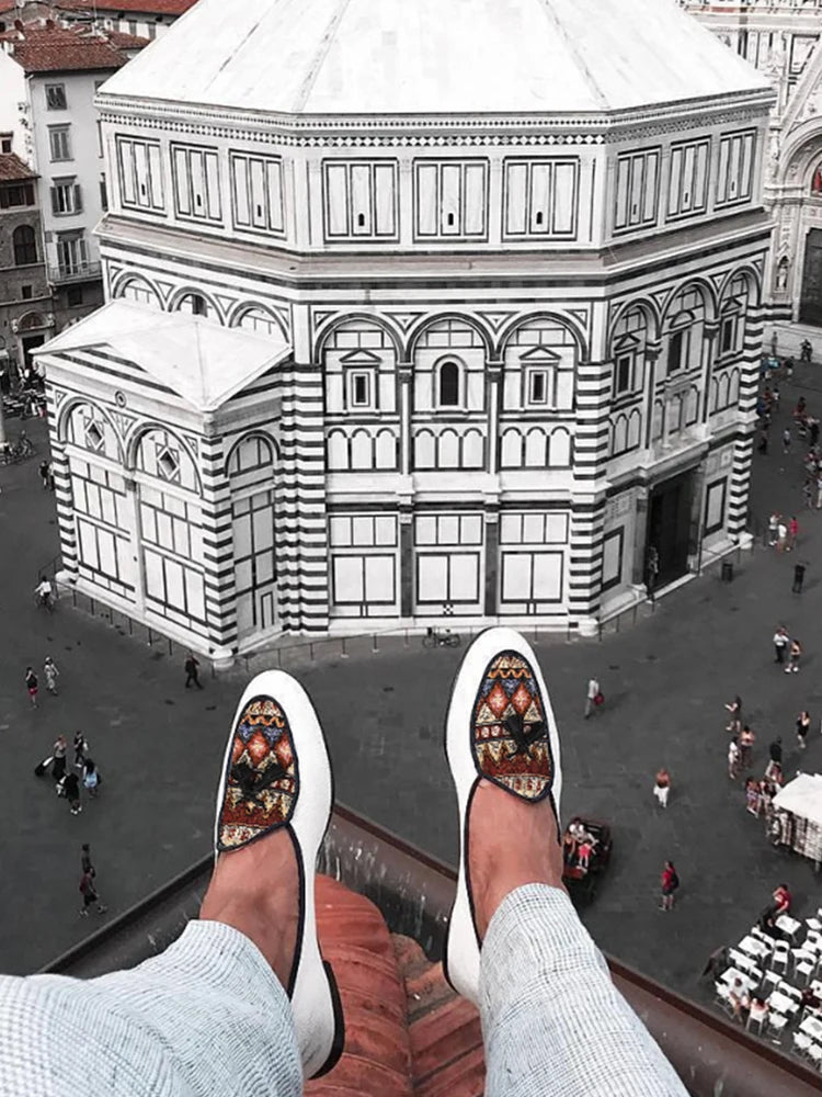 Piergitar Brand 2023 White Cotton Canvas Of Paisley Pattern Men's Loafers Fashion Party Handmade Leahter Tassel Shoes Plus Size