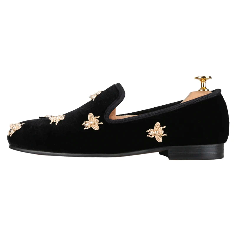 Piergitar Black Color Velvet Slip-On Slippers With Customised Gold Bees Metals Italian Luxury Brand Same Model Men's Loafers