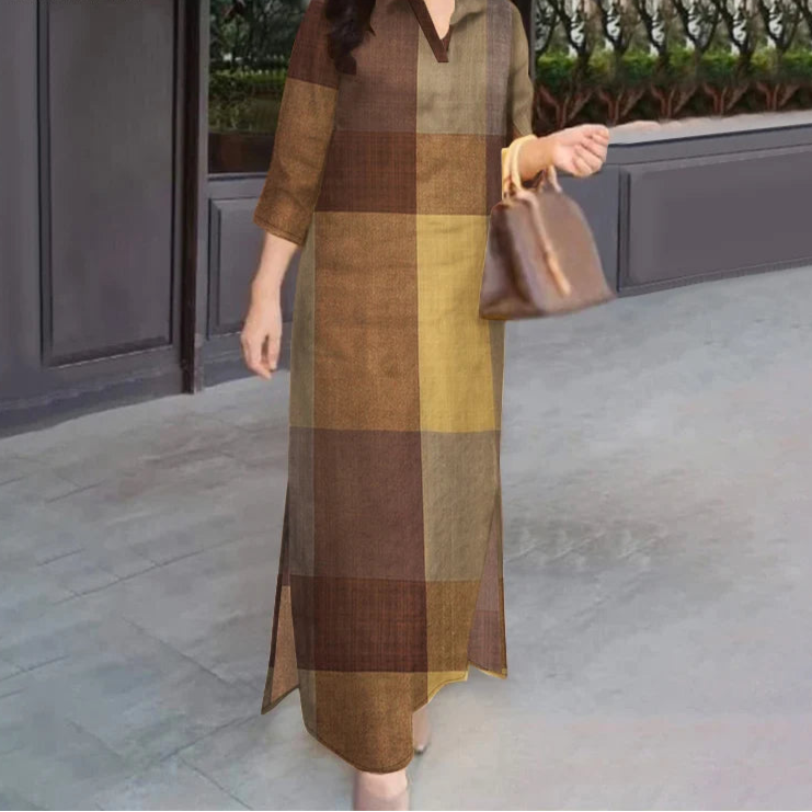 Women Dresses 2025 Vintage Plaid Checked Sundress Lapel Neck 3/4 Sleeve