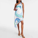 Summer Sexy Inclined Shoulder Hollow Satin Dress Woman Casual Print Loose Irregular Dress Spring Skew Collar Backless Long Dress