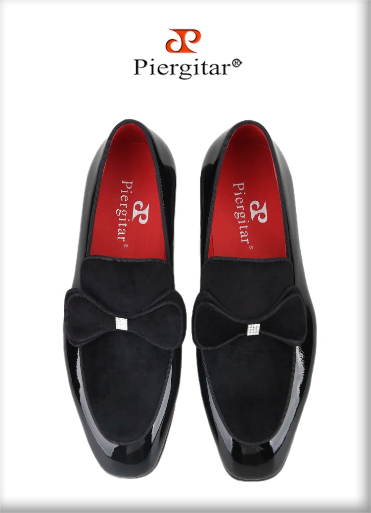 Piergitar Black Patent Leather Patchwork Velvet Men's Loafers Handmade Bow Tie Moccasins British Classic Style Smoking Slippers