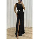 Women Sexy Dress New Sleeveless Solid Party Slim Empire Split Female Elegant Round Neck Fashion Long Clothing