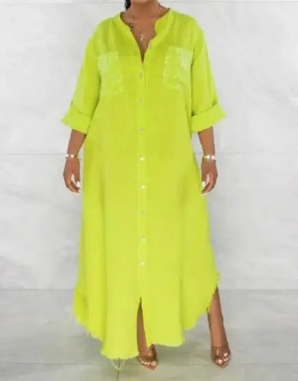 Women Loose Long Sleeve Open Neck Dress