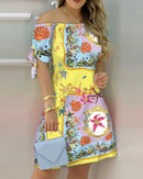 3XL Women's Casual Gradient Off Shoulder Short Sleeve Dress Bow Print Mini Dress