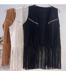 Retro Western Cowboy Style Soft Suede Tassel Vest Spring Autumn Sleeveless Cardigan Women Casual Waistcoat Sweetwear